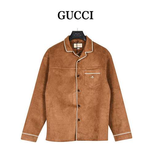 Gu cciCamicia Gucci 23Fw doppia G in vera pelle scamosciata ricamata