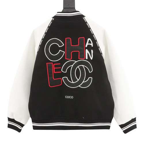 CHA NELGiacca da baseball patchwork con maniche in pelle con lettera ricamata Chanel