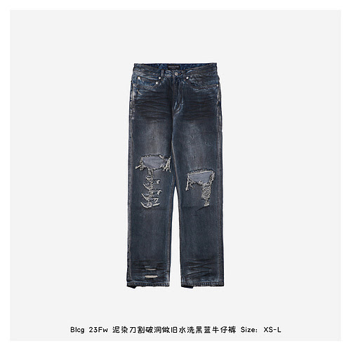 Jeans Blcg 23Fw color fango con fori tagliati a coltello, lavati neri e blu invecchiati