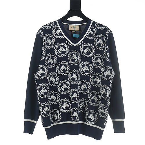 GUCCIGucci Maglione GUC con scollo a V lavorato a maglia jacquard con testa di cavallo