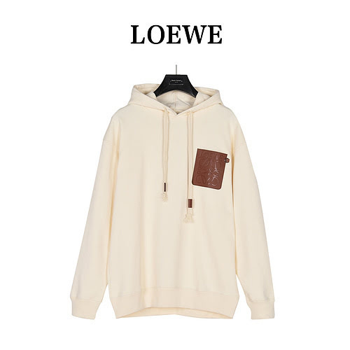 Loe*we/Luoyiwei 23Fw chest embossed logo leather pocket hooded sweatshirt