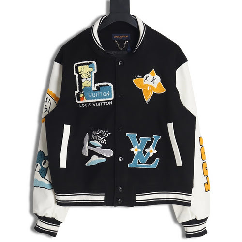 Giacca da baseball patchwork con maniche in pelle con scritte ricamate LV Louis Vuitton Simpson