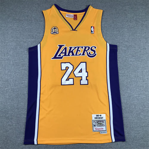 60th Anniversary Lakers 24 Kobe Bryant Yellow V-Neck Basketball Jersey