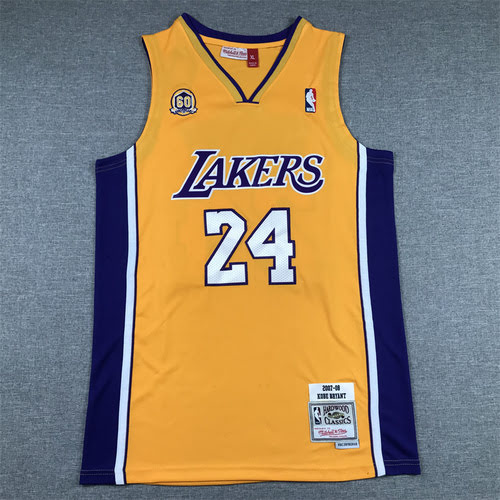 Maglia da basket gialla con scollo a V Lakers 24 Kobe Bryant del 60° anniversario