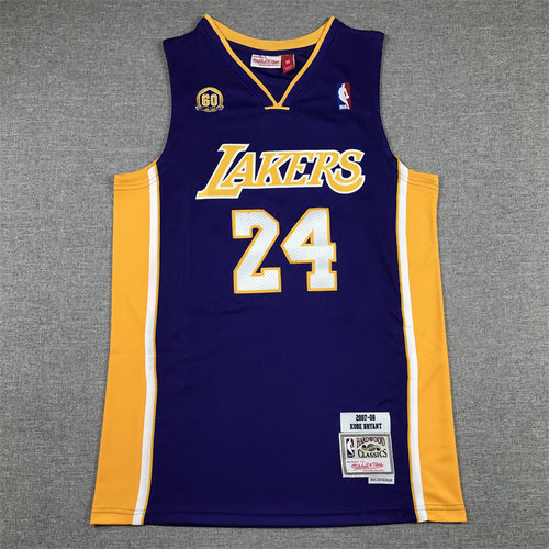 Maglia da basket retrò viola con collo a V dei Lakers 24 Kobe Mitchell del 60° anniversario