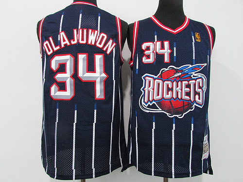 MN Mitchell Retro Rockets 34 Olajuwon Blue Stripes