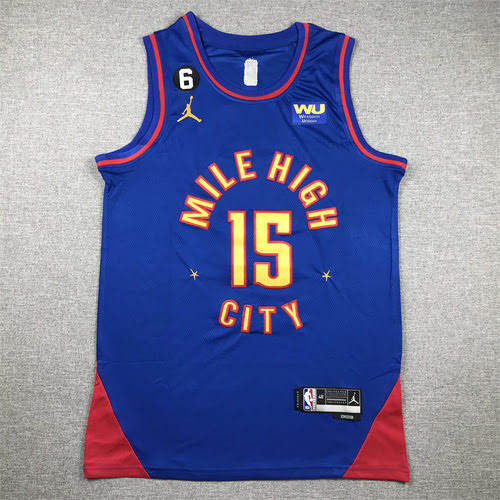 Maglia da basket versione annuncio blu dei Nuggets No 15 Jokic della 23a stagione con 6 logo