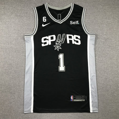 Maglia da basket nera degli Spurs No 1 Wenban Yama con 6 loghi