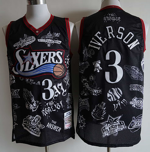 76ers No. 3 Allen Iverson printed black mesh embroidered basketball jersey