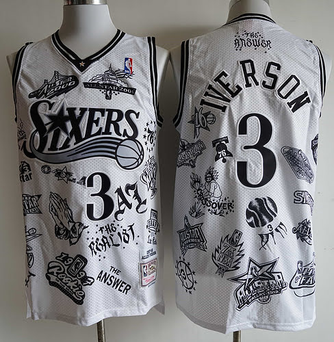 76ers 3 Iverson printed white mesh embroidery