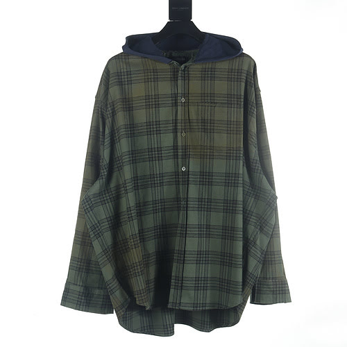 Giacca camicia con cappuccio in flanella scozzese verde Balenciaga BLCG 23FW