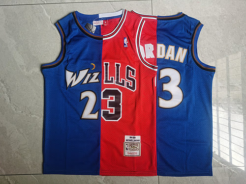 Maglia da basket Jordan n. 23 dei Wizards Bulls color block blu e rosso