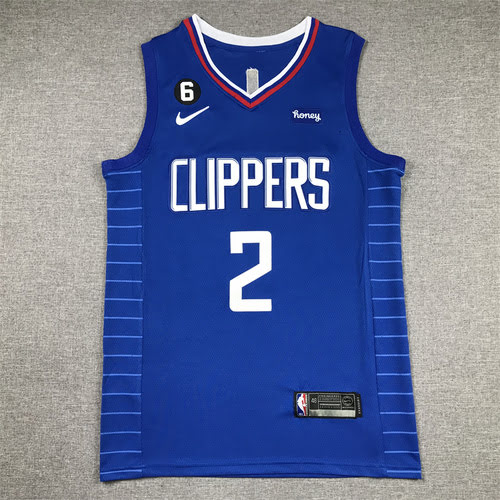 Maglia da basket blu dei Clippers 2 Leonard con 6 loghi