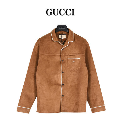 GucciCamicia Gucci 23Fw in suede e pelle con ricamo doppia G