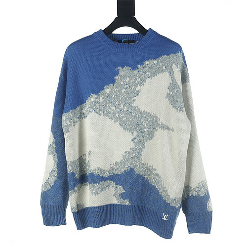 Maglione girocollo jacquard LV blu cielo e nuvole bianche