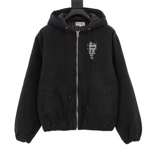 Stussy Giacca Stussy in cotone nero con cappuccio ricamata con vecchia lettera lavata 8