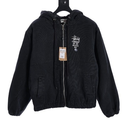 Stussy Giacca Stussy in cotone nero con cappuccio ricamata con vecchia lettera lavata 8