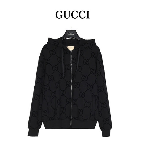 GucciGiacca con cappuccio e cerniera floccata con motivo GG completo Gucci 23Fw scuro