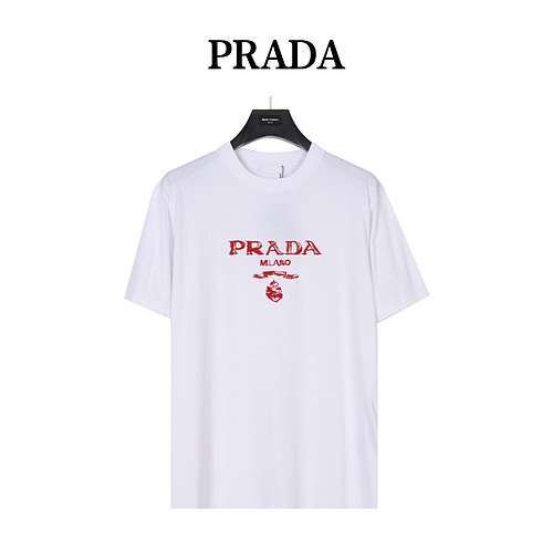 PRADATshirt Prada a maniche corte con lettera corsiva ricamata