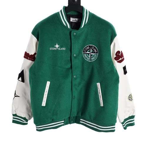 Giacca da baseball con manica in pelle con logo della bussola ST Stone Island