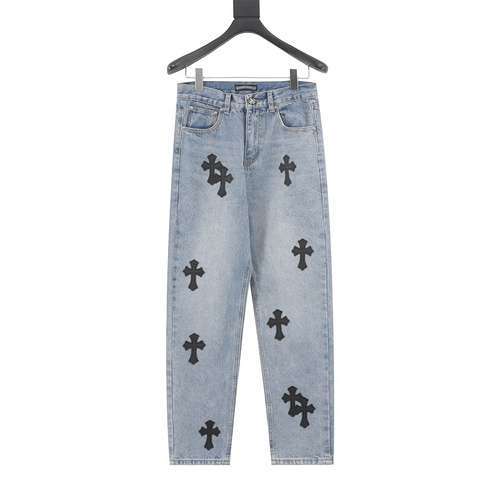 Pantaloni in denim incrociati con etichetta classica in pelle CH