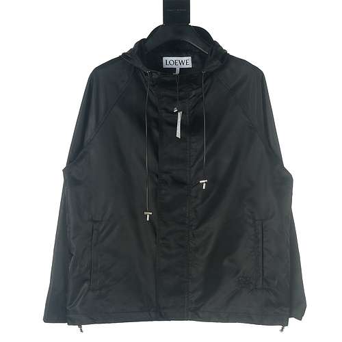 Parka Loewe LOE 23FW con cappuccio in nylon con piccolo ricamo sull'orlo nero