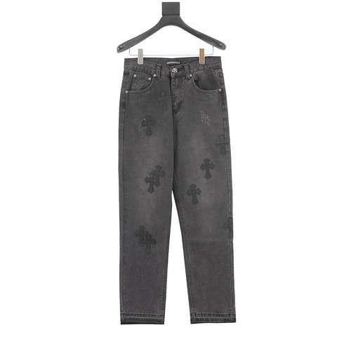 Pantaloni in denim incrociati con etichetta classica in pelle CH