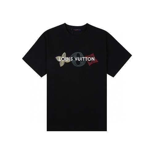 T-shirt a maniche corte con collo rotondo ricamato con lettera quadrifoglio classica Louis Vuitton L