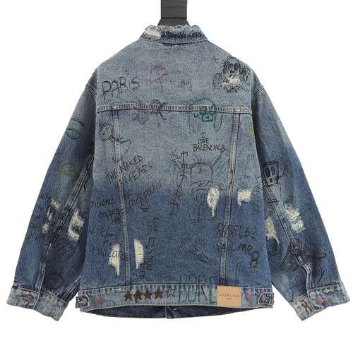 Divertente giacca in denim dipinta a mano con graffiti Blcg