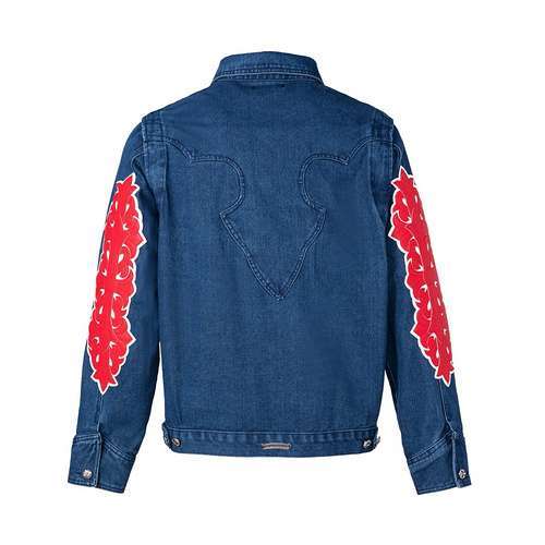 Giacca di jeans in pelle rossa con fiamma rossa CH Crow Heart in edizione limitata con braccia