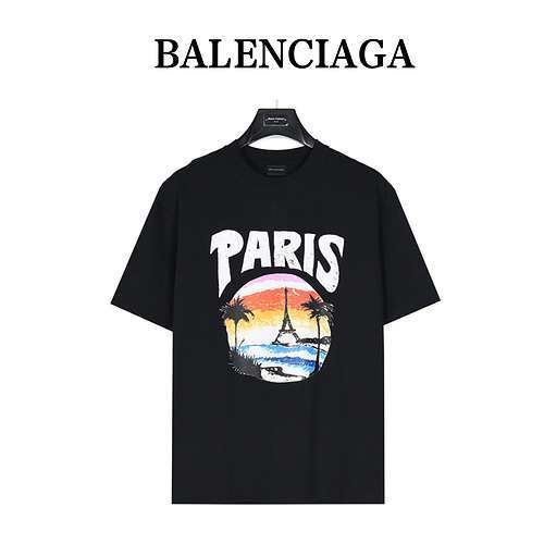 BLCGBalenciaga 24ss spiaggia pittura scena notturna torre stampa maglietta a maniche corte