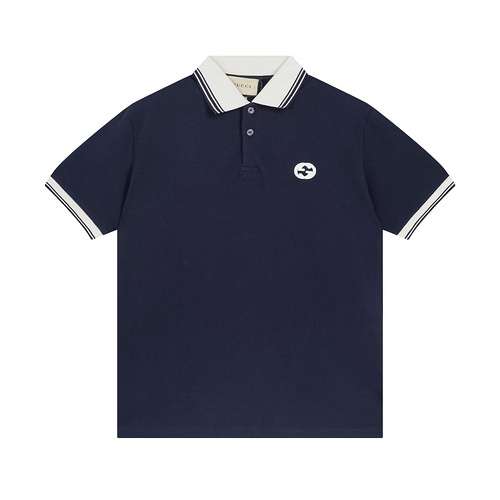 Gucci Piqué di cotone elasticizzato blu scuro Toppa ricamata G intrecciata rotonda Colletto polo man