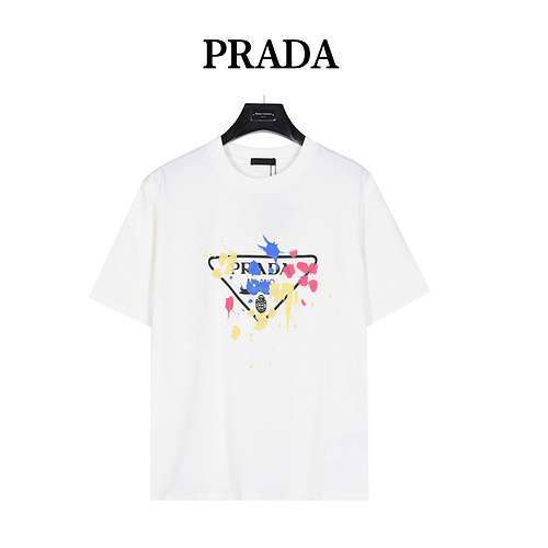 PRDPrada 24ss T-shirt a maniche corte stampata con logo colorato triangolo graffiti