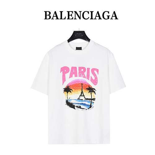 BLCGBalenciaga 24ss spiaggia pittura scena notturna torre stampa maglietta a maniche corte