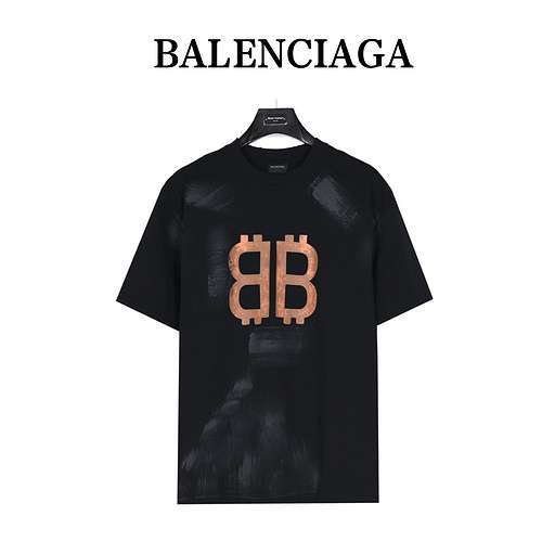 T-shirt a maniche corte BLCGBalenciaga Bitcoin Double B verniciata a spruzzo infangata con buco nel 