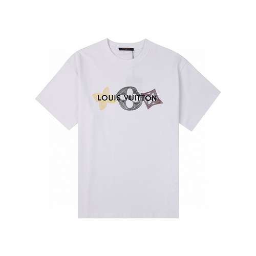 T-shirt a maniche corte con collo rotondo ricamato con lettera quadrifoglio classica Louis Vuitton L