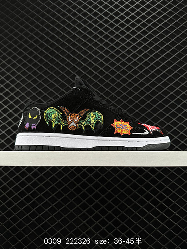 3 Nike Neckface x Nike SB Dunk Low black Halloween skate shoes. The body of this shoe is covered wit