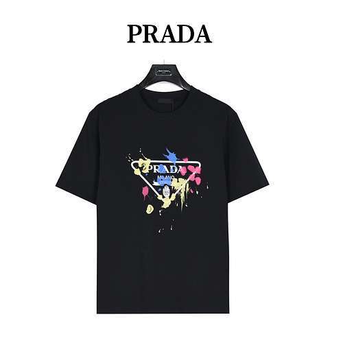 PRDPrada 24ss T-shirt a maniche corte stampata con logo colorato triangolo graffiti