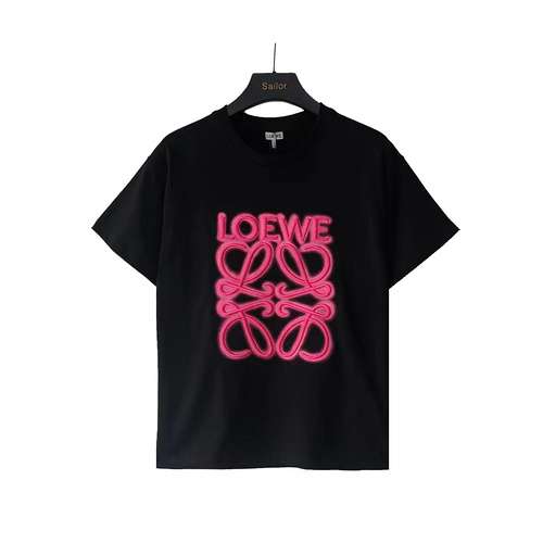 T-shirt a maniche corte rosa fluorescente ricamata al neon LE Loewe