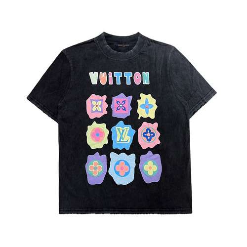 T-shirt a maniche corte invecchiata lavata con fiori di cartone animato di LVLouis Vuitton 24ss