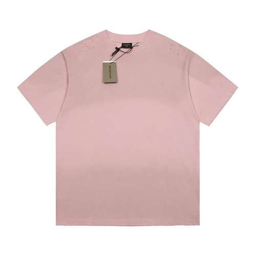 Top BLCG Balenciaga lettere stampate sul retro maniche corte sfrangiate effetto consumato rosa