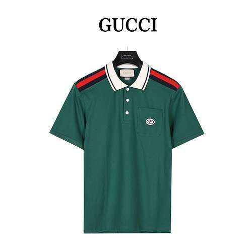 Polo GCGucci in cotone con doppia G intrecciata con nastro Web rosso e blu