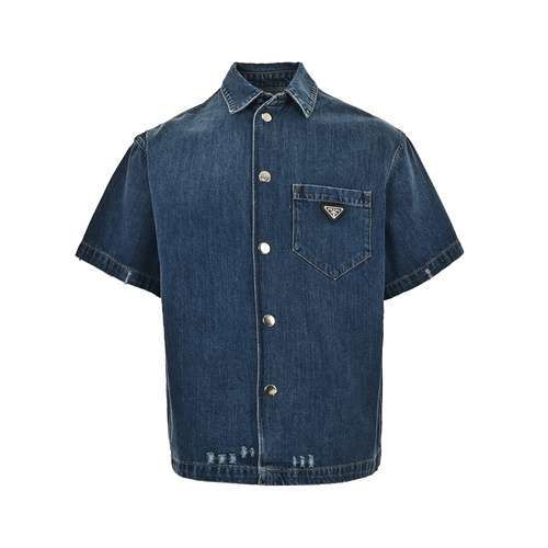 PRDPrada 23ss camicia a maniche corte in denim blu lavato