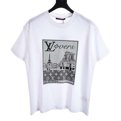 T-shirt a maniche corte con stampa quadrata della torre del logo LV