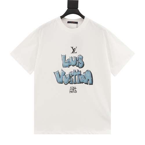 T-shirt a maniche corte stampata con scritte blu dipinte a mano 1V 24ss