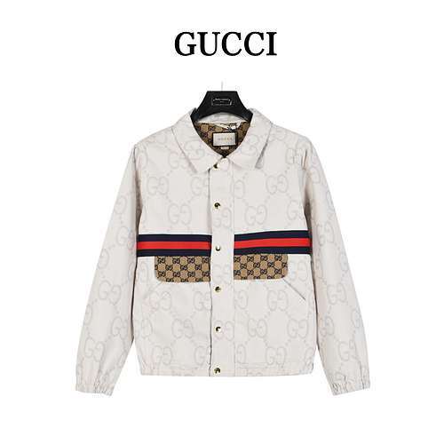 Giacca in denim avorio con doppia G Gucci con cuciture jacquard all-over