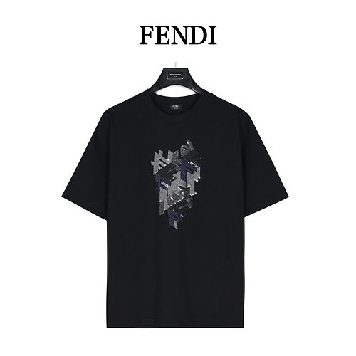 FD Fendi 24ss 3D sequined sequin contrast embroidered short-sleeved T-shirt