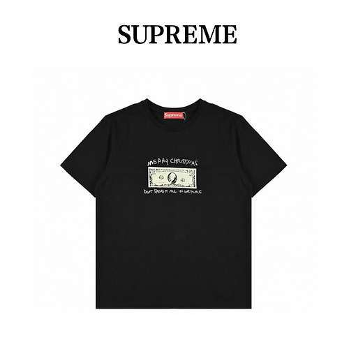 SUPREME 21FW SPEND IT T-shirt in dollari USA con maniche corte stampate con motivo nero e oro sul pe