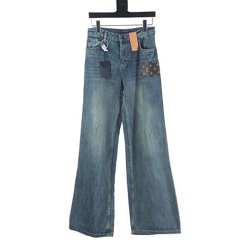 Pantaloni in denim svasati con logo LV presbyopic in pelle