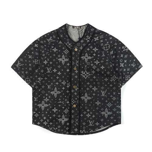 Camicia da baseball in denim presbite con stampa all-over Louis Vuitton 1V 24SS